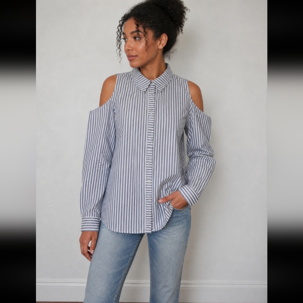 PLEIONE Cold Shoulder Button Up Stripe Top XLP - Picture 1 of 8
